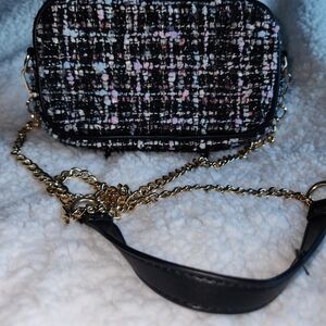 Classic Tweed Crossbody Bag with Gold Chain - Black & Pastel